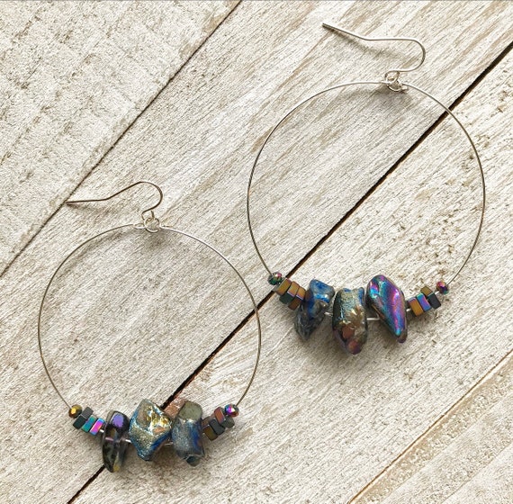 Titanium Quartz Earrings- Rainbow Quartz- Aura Quartz Jewelry- Hoop Earrings- Silver Hoops- Gold Hoops