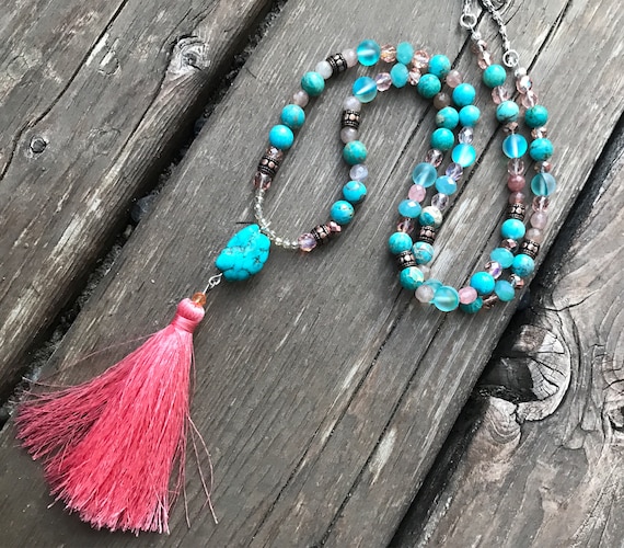 Turquoise Howlite Beaded Necklace- Turquoise Jewelry- Rose Quartz Necklace- Gemstone Necklace- Jasper Necklace