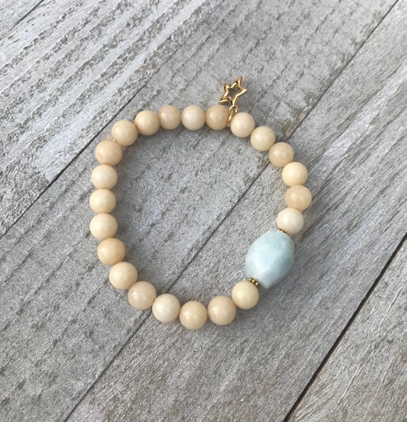 Yellow Jade Bracelet- Aquamarine Jewelry- Aquamrine- March BirthStone- Star Bracelet- Intention Bracelet