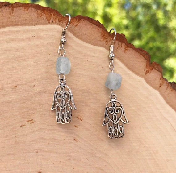 Silver Hamsa Earrings- Aquamarine Earrings- Hamsa- Aquamarine- Gemstone Jewelry- Silver Hamsa