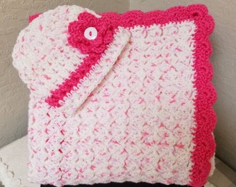 Crochet Baby Blanket 35x34 Multi Color/Dark Pink with Baby Hat