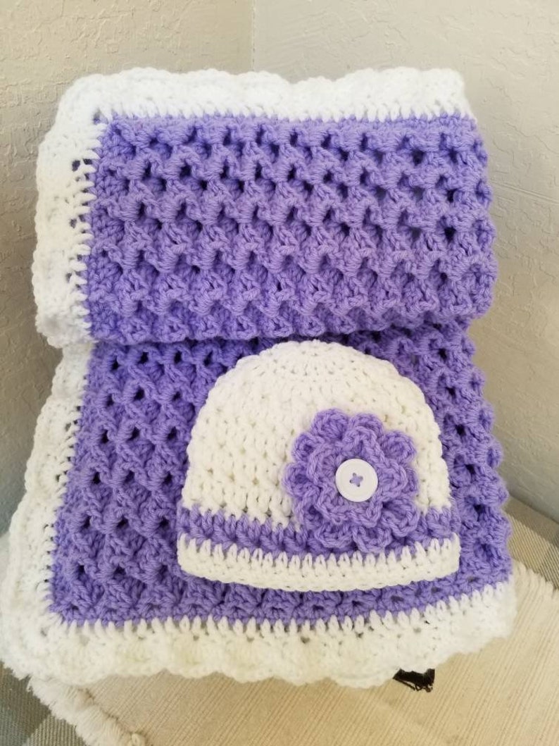 Crochet Baby Blanket Purple Size 29x33 Thick with Matching Baby Hat image 3