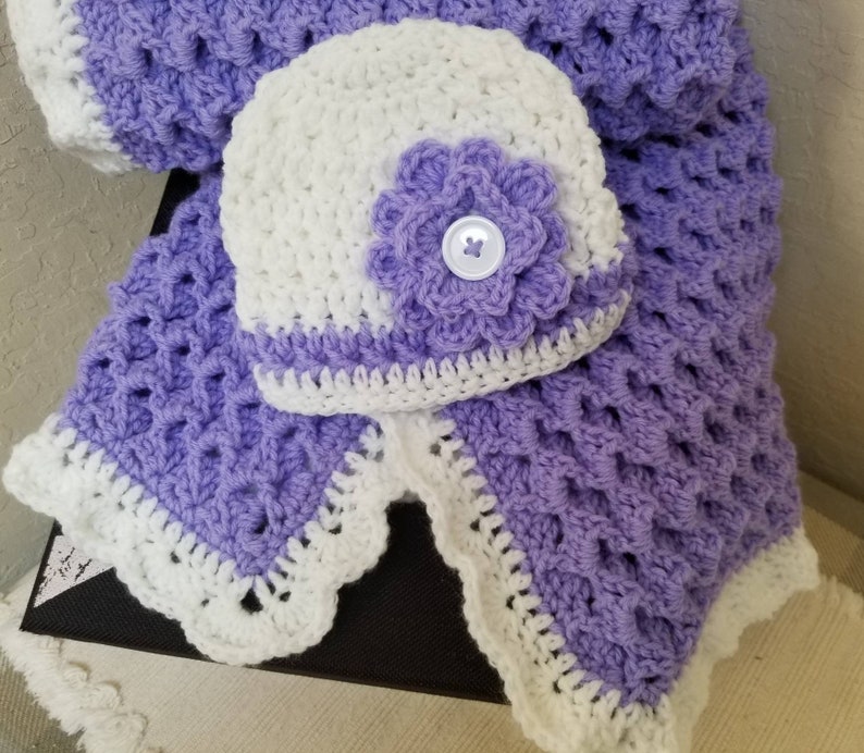 Crochet Baby Blanket Purple Size 29x33 Thick with Matching Baby Hat image 5