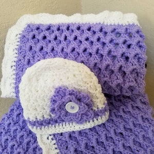 Crochet Baby Blanket Purple Size 29x33 Thick with Matching Baby Hat image 2