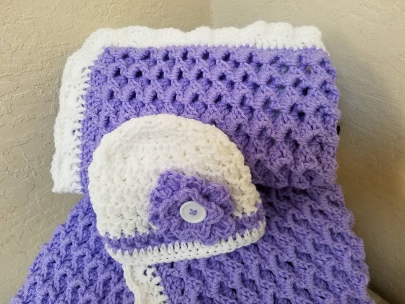 Crochet Baby Blanket Purple Size 29x33 Thick with Matching Baby Hat image 2