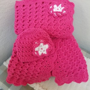 Crochet Baby Blanket Dark Pink Size 29x34 Thick with Matching Baby Hat