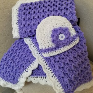 Crochet Baby Blanket Purple Size 29x33 Thick with Matching Baby Hat