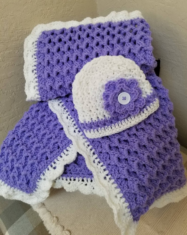 Crochet Baby Blanket Purple Size 29x33 Thick with Matching Baby Hat image 1