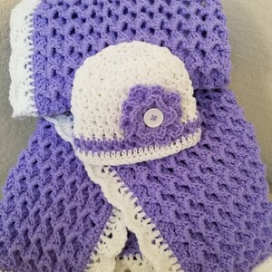 Crochet Baby Blanket Purple Size 29x33 Thick with Matching Baby Hat image 6