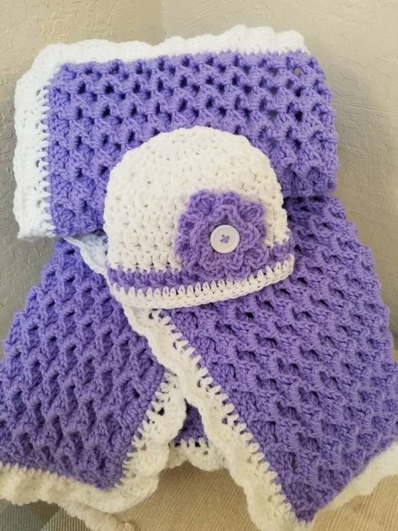 Crochet Baby Blanket Purple Size 29x33 Thick with Matching Baby Hat image 6