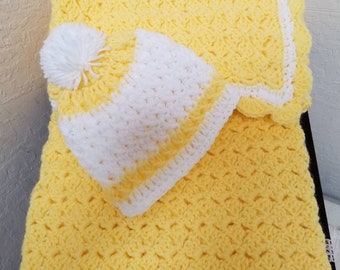 Crochet Baby Blanket Yellow 34x33 with Baby Hat