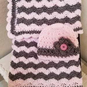 Crochet Baby Blanket with Hat Set, Size 33" x 32", Gray/Light Pink, Baby Shower Gift