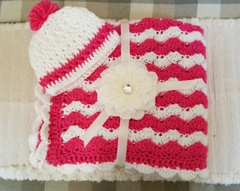 Crochet Baby Blanket Dark Pink/White 32x35 with Baby Hat