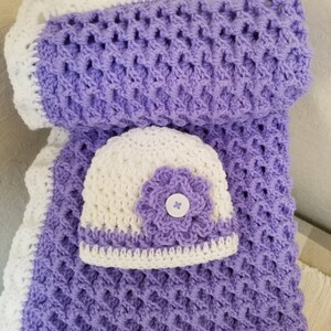 Crochet Baby Blanket Purple Size 29x33 Thick with Matching Baby Hat image 7