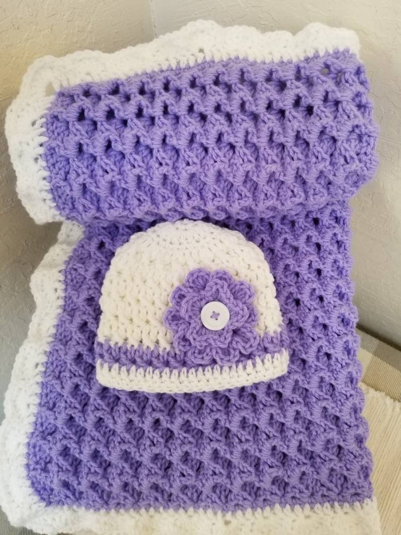 Crochet Baby Blanket Purple Size 29x33 Thick with Matching Baby Hat image 7