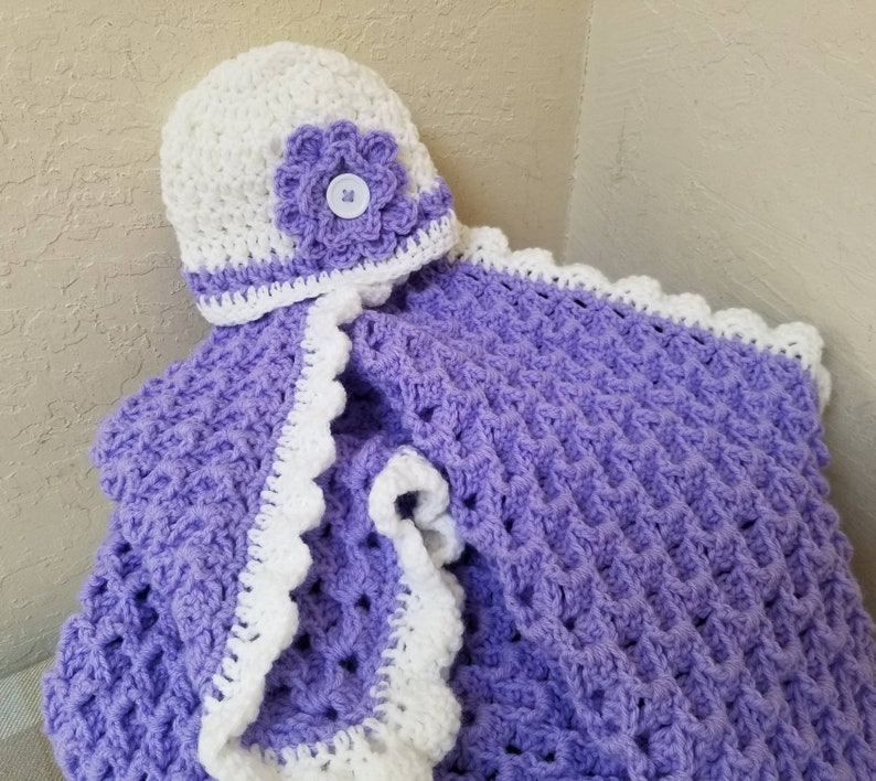 Crochet Baby Blanket Purple Size 29x33 Thick with Matching Baby Hat image 4