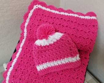 Crochet Baby Blanket Dark Pink Size 37x34 with Matching Baby Hat