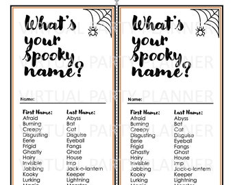 Puede incluir: Dos tarjetas de juego de fiesta de Halloween imprimibles con un diseño de telaraña. Las tarjetas tienen el texto "¿Cuál es tu nombre espeluznante?" y enumeran nombres y apellidos para crear un nombre espeluznante. Por ejemplo, George Washington = Ghastly Werewolf.