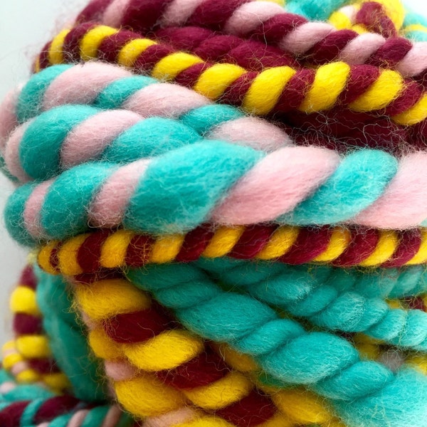 Handspun plied merino art yarn, candy stripe | chunky bulky wool wild spearmint elderberry pink canary yellow merino roving yarn Alexmade