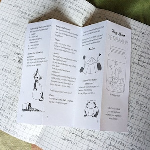 May include: A black and white illustrated guide to building a tiny home terrarium. The guide includes instructions on how to build a terrarium, collect rocks, and meet your neighbours along the way. The guide also includes a drawing of a terrarium with a crystal, plants, and a frog.