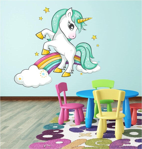 Unicorn Rainbow Clouds Girls Bedroom Wall Art Sticker Decal Transfer Print P2m