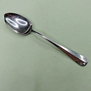 May include: A single, polished silver spoon with an oval bowl and a long, slender handle. The spoon is angled diagonally across a light green surface, reflecting the light. The spoon is likely for eating.