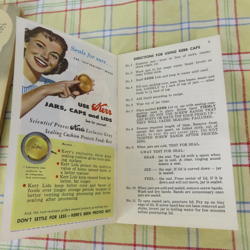 May include: Vintage advertisement for Kerr jars, caps, and lids, featuring a smiling woman holding a jar lid. The ad highlights the "self-sealing" brand and instructions for use, with text emphasizing food preservation and sealing techniques.
