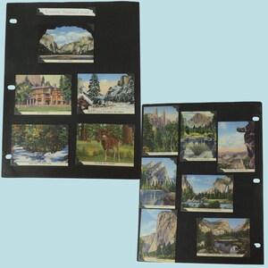 Zestaw 12 miniaturowych pocztówek z Parku Narodowego Yosemite, umieszczonych na stronie albumu ze zdjęciami i tytułem