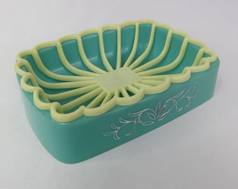 Jabonera vintage turquesa de plástico de 2 piezas de los años 50, soporte para jabón color aguamarina.