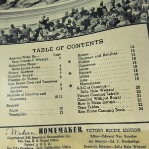 May include: A vintage cookbook page titled "Table of Contents" from the "Modern Homemaker Victory Recipe Edition." The page lists recipes for canning fruits and vegetables, along with other food preservation methods. The publication is copyrighted 1942.
