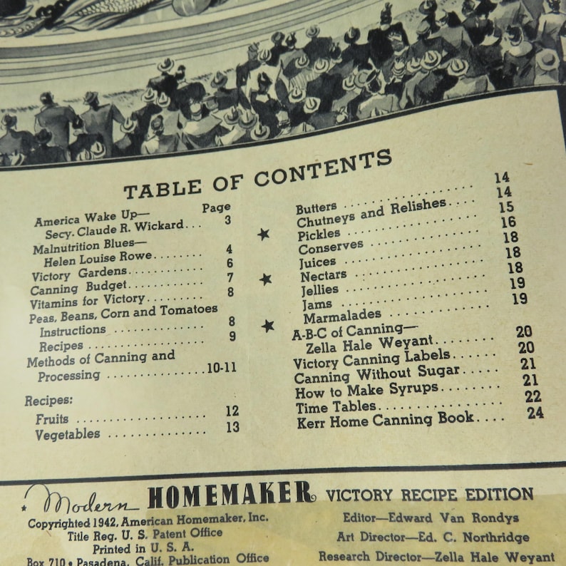 May include: A vintage cookbook page titled "Table of Contents" from the "Modern Homemaker Victory Recipe Edition." The page lists recipes for canning fruits and vegetables, along with other food preservation methods. The publication is copyrighted 1942.