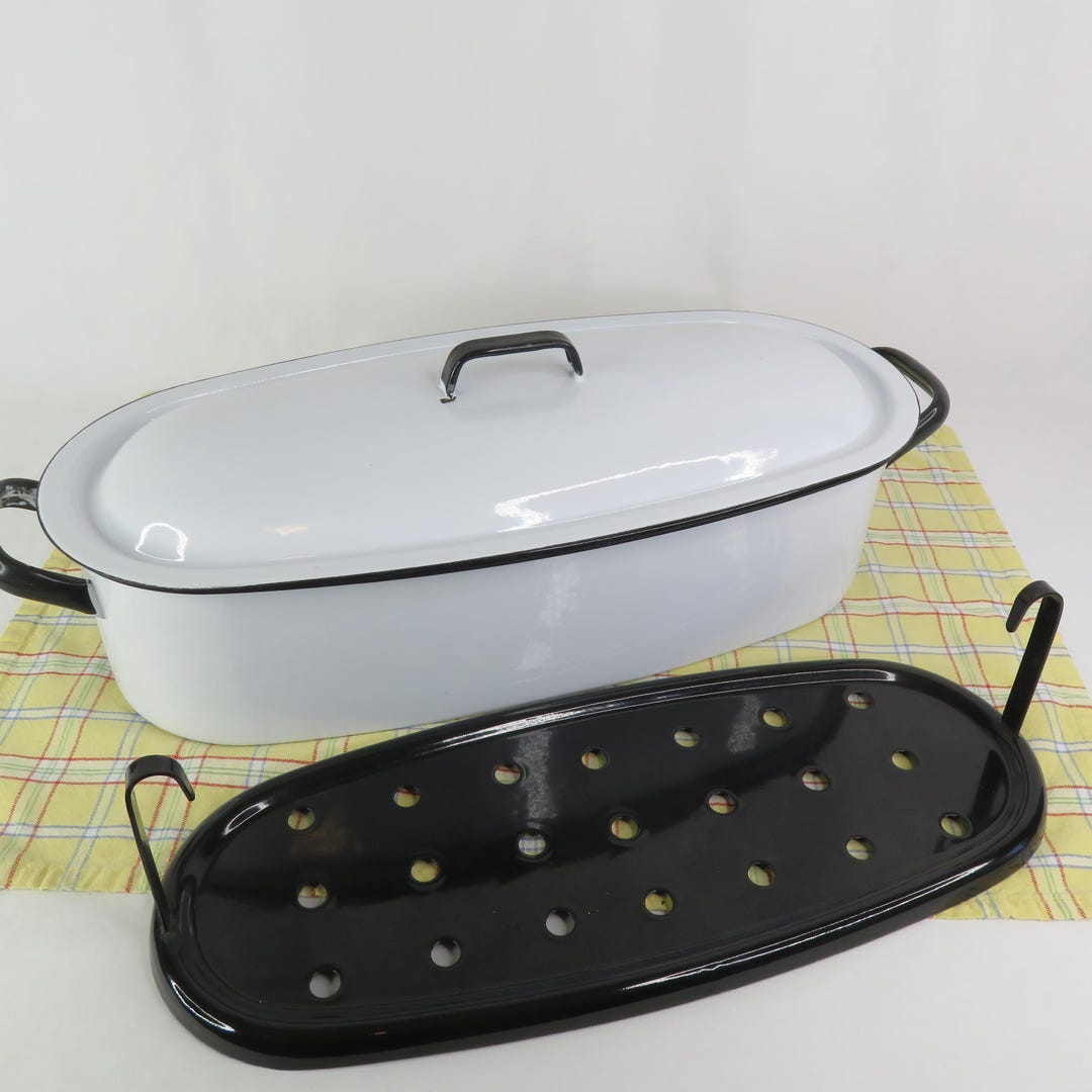 A Very Good Quality Vintage French Brown and Cream Enamel Fish Kettle / Poacher / Steamer Decorated With Trout and Asparagus - UK