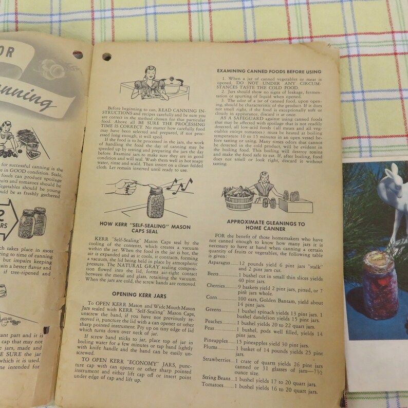 May include: Vintage canning instructions from a cookbook, featuring illustrations and text on preserving food. The pages detail methods for sealing jars, examining canned goods, and approximate yields for home canning. The pages are yellowed with age.