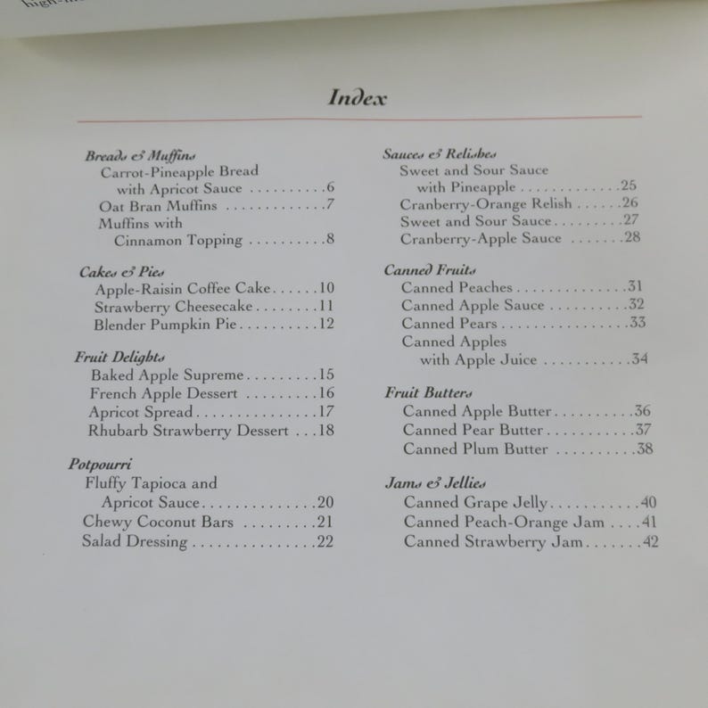 May include: A printed page titled "Index" with a list of recipes, including breads, muffins, cakes, pies, fruit delights, potpourri, sauces, relishes, canned fruits, fruit butters, and jams. The page is from a cookbook.