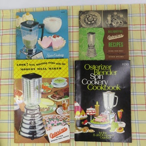 May include: A collection of vintage Osterizer cookbooks. The covers feature images of blenders, recipes, and the text "Spin Cookery" and "Modern Meal Maker." The cookbooks are in various colors, including blue, green, and black.