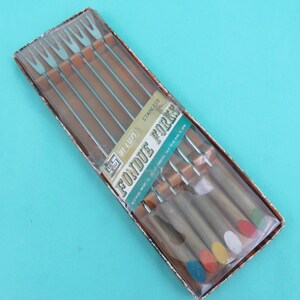 Set of 6 Wooden Handled Multicolored Fondue Forks in Original Package - New Old Stock