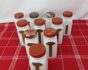 Griffith's Spice Jars With Rack, Set of 12, Brown and Milk Glass