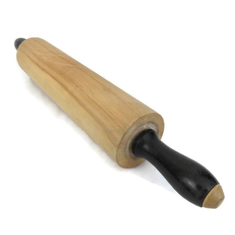 Black Handled Wooden Rolling Pin Vintage Wood Pastry Or Image 0