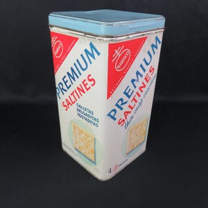 Vintage Nabisco Premium Saltine Crackers Tin Bilingual English Spanish 14 oz Can with Lid