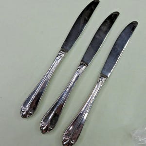 Può includere: Tre coltelli da burro argentati con manici decorati. I coltelli hanno una lama curva e un motivo floreale decorativo sul manico. I coltelli sono disposti diagonalmente su una superficie verde chiaro.