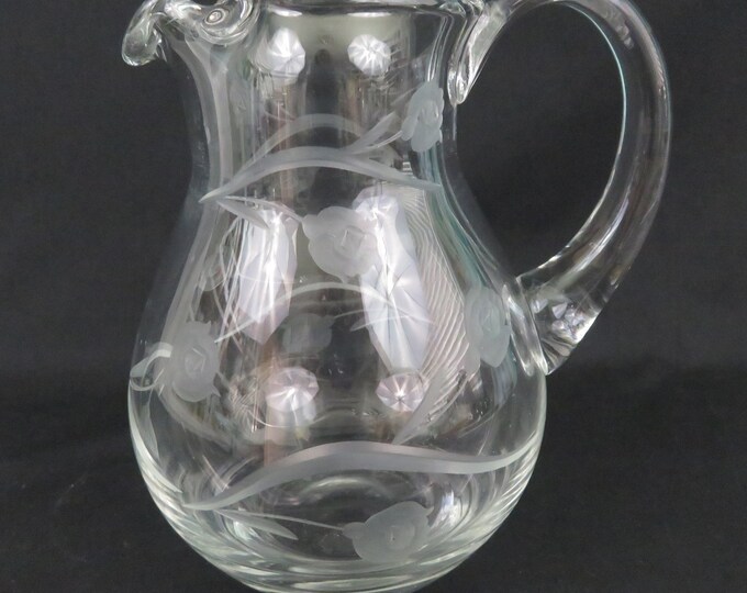 Vintage Etched Glass Water Pitcher Flowered Clear Lemonade Etsy