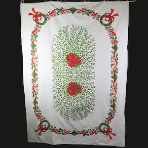 Christmas Tablecloth 58&quot; x &quot; Pinecone Bells Rectangle Red Green White Vintage Table Cloth