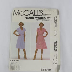 McCall&#39;s Uncut 7442 Sewing Pattern Size 8-12 Misses Pullover Dress Belt V Neck Shawl Collar Make it Tonight