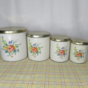 Set of 4 Decoware Round Tin Canisters with Lids Floral Cream Gold Lids Flour Sugar Coffee Tea