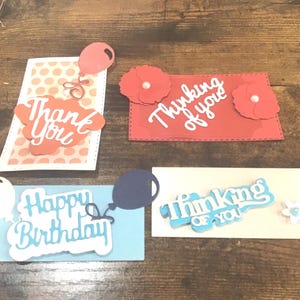 Toppers de cartão artesanais 3D. Sentimento. Obrigado, aniversário. Pensando em você. Desencadeie quatro
