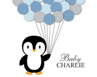 Penguin Baby Shower Guest Book Alternative Children Kid Birthday Balloons Poster Print Guest Sign Personalized Unique Creative Fun Original