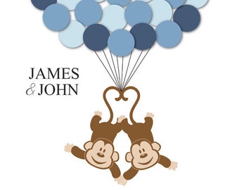 Baby Shower Guestbook Alternative Monkey Twins Children Kids Birthday Balloons Poster Print Guest Sign Personalized Unique Creative Fun