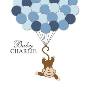 Baby Shower Guestbook Alternative Monkey Children Kids Birthday Balloons Poster Print Guest Sign Personalized Unique Creative Fun Original