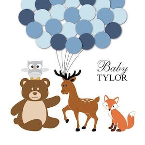Woodland animales bebé ducha libro de invitados alternativa bebé ducha cumpleaños globos cartel imprimir invitado signo en personalizado único creativo