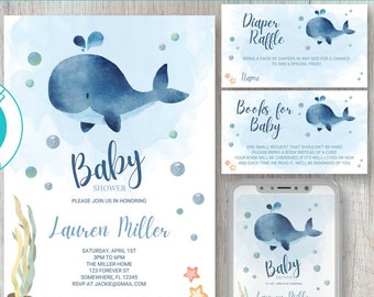 Whale Invitation Baby Shower Bundle Template Editable Whale Invite Instant Download Digital Editable Nautical Invitation Templates Canva